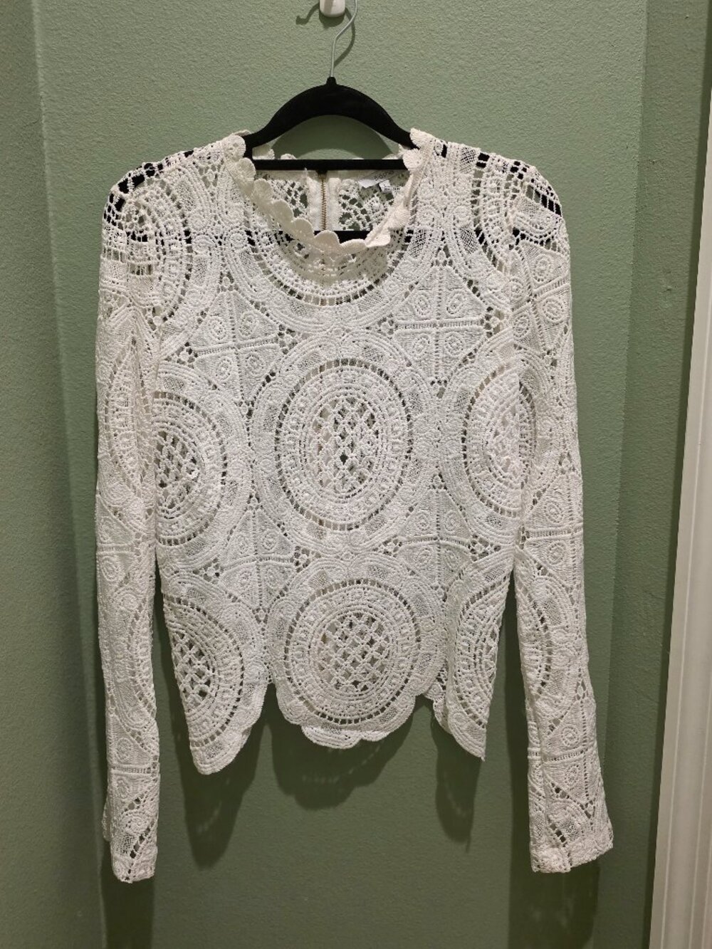 Blashe Crochet Boho White Long Sleeve Scallop Neck Blouse Size Large